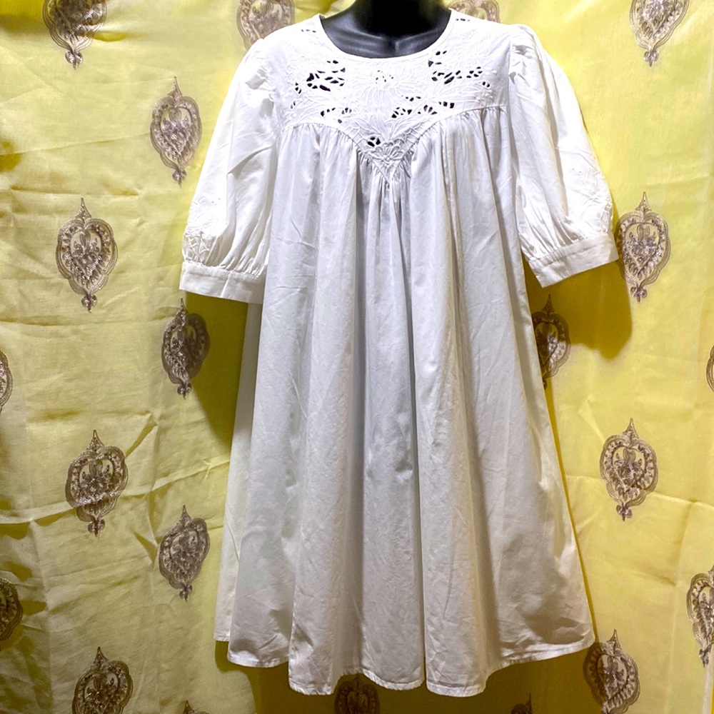 ASOS DESIGN WHITE FLORAL EMBROIDERED A-LINE COTTON DRESS SZ 14